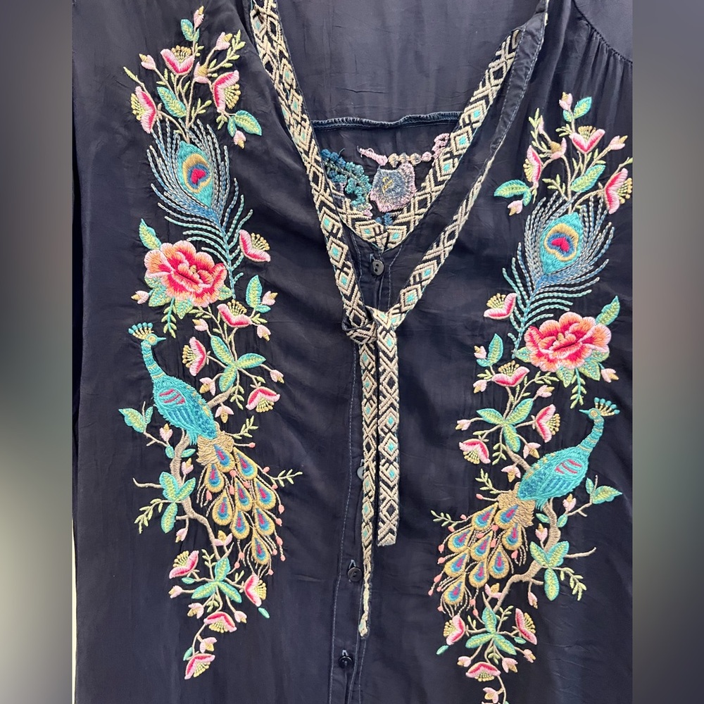 Johnny Was navy blue Embellished 3/4 Sleeve Blouse - Picture 2 of 8